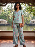 Women's Floral Printed Cotton Night Suit Co-ord Set | Half Sleeve Top & Full-Length Pyjama | Soft & Breathable Sleepwear