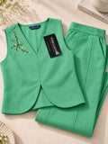 Women’s Green Cotton Linen Co-Ord Set with Embroidered Sleeveless Top and Wide-Leg Trousers