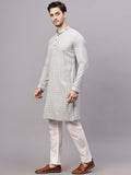 Yugnik Men's Pista Chikankari Florist Sequined Long Kurta Set