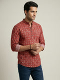 Vida Loca 100% Cotton  Rust Color Full Sleeve Chinese collar Cotton Printed Kurta For men and Boys.