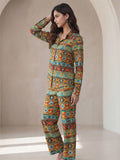 Women's Two Piece Set, Baby Green, Shirts with Wide Leg Trousers, Full Sleeve