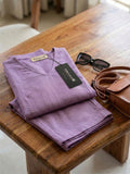 Women's Two Piece Set, Purple, V-Neck Top with Wide Leg Trousers, Short Sleeve