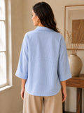 Women’s Pure Cotton Striped Casual Shirt – Light Blue 3/4 Sleeve Relaxed Fit Top