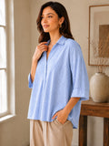 Women’s Pure Cotton Striped Casual Shirt – Light Blue 3/4 Sleeve Relaxed Fit Top