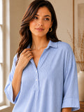 Women’s Pure Cotton Striped Casual Shirt – Light Blue 3/4 Sleeve Relaxed Fit Top