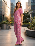 Women's Printed Cotton Night Suit Co-ord Set | Half Sleeve Top & Full-Length Pyjama | Soft & Breathable Sleepwear