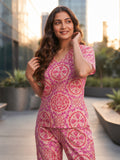 Women's Printed Cotton Night Suit Co-ord Set | Half Sleeve Top & Full-Length Pyjama | Soft & Breathable Sleepwear