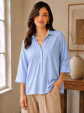 Women’s Pure Cotton Striped Casual Shirt – Light Blue 3/4 Sleeve Relaxed Fit Top