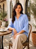 Women’s Pure Cotton Striped Casual Shirt – Light Blue 3/4 Sleeve Relaxed Fit Top