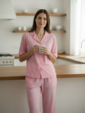 Women’s Light Pink Linen Co-Ord Lounge Set with Relaxed Fit Shirt & Straight Pants