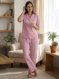 Women’s Light Pink Linen Co-Ord Lounge Set with Relaxed Fit Shirt & Straight Pants