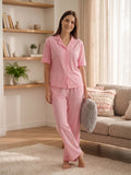 Women’s Light Pink Linen Co-Ord Lounge Set with Relaxed Fit Shirt & Straight Pants