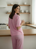 Women’s Light Pink Linen Co-Ord Lounge Set with Relaxed Fit Shirt & Straight Pants