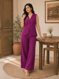 Women’s Linen Embroidered V-Neck Top & Wide-Leg Pants Co-Ord Set – Magenta