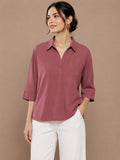 Women’s Solid Viscose Relaxed Fit Collared Top | 3/4 Sleeve Casual & Office Wear Shirt