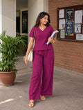 Women’s Magenta Cotton Linen V-Neck Half Sleeve Co-Ord Top