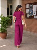 Women’s Magenta Cotton Linen V-Neck Half Sleeve Co-Ord Top