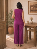 Women’s Linen Embroidered V-Neck Top & Wide-Leg Pants Co-Ord Set – Magenta