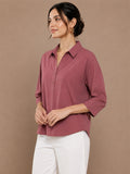 Women’s Solid Viscose Relaxed Fit Collared Top | 3/4 Sleeve Casual & Office Wear Shirt