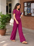 Women’s Magenta Cotton Linen V-Neck Half Sleeve Co-Ord Top