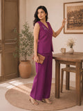 Women’s Linen Embroidered V-Neck Top & Wide-Leg Pants Co-Ord Set – Magenta