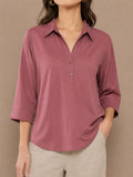 Women’s Solid Viscose Relaxed Fit Collared Top | 3/4 Sleeve Casual & Office Wear Shirt