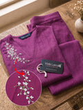 Women’s Linen Embroidered V-Neck Top & Wide-Leg Pants Co-Ord Set – Magenta