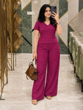 Women’s Magenta Cotton Linen V-Neck Half Sleeve Co-Ord Top
