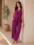 Women’s Linen Embroidered V-Neck Top & Wide-Leg Pants Co-Ord Set – Magenta