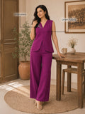 Women’s Linen Embroidered V-Neck Top & Wide-Leg Pants Co-Ord Set – Magenta