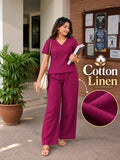 Women’s Magenta Cotton Linen V-Neck Half Sleeve Co-Ord Top