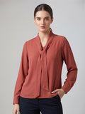 Women's Elegant Tie-Neck Long Sleeve Crepe Blouse – Dusty Rose