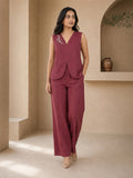 Women’s Linen Co-Ord Set with Embroidered V-Neck Top & Wide-Leg Pants – Maroon