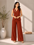 Women’s Rust Maroon Cotton Linen Co-Ord Set with Embroidered Sleeveless V-Neck Top and Wide-Leg Trousers