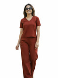 Women's Two Piece Set, Maroon, V-Neck Top with Wide Leg Trousers, Short Sleeve