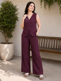 Women’s Maroon Linen Co-Ord Set with Sleeveless V-Neck Top & Wide-Leg Trousers