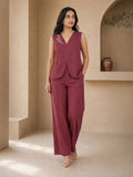Women’s Linen Co-Ord Set with Embroidered V-Neck Top & Wide-Leg Pants – Maroon