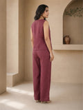 Women’s Linen Co-Ord Set with Embroidered V-Neck Top & Wide-Leg Pants – Maroon