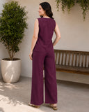 Women’s Maroon Linen Co-Ord Set with Sleeveless V-Neck Top & Wide-Leg Trousers