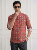 Vida Loca 100% Cotton  Rust Color Full Sleeve Chinese collar Cotton Printed Kurta For men and Boys.