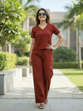 Women's Two Piece Set, Maroon, V-Neck Top with Wide Leg Trousers, Short Sleeve