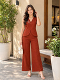 Women’s Rust Maroon Cotton Linen Co-Ord Set with Embroidered Sleeveless V-Neck Top and Wide-Leg Trousers
