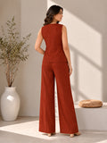 Women’s Rust Maroon Cotton Linen Co-Ord Set with Embroidered Sleeveless V-Neck Top and Wide-Leg Trousers