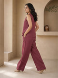 Women’s Linen Co-Ord Set with Embroidered V-Neck Top & Wide-Leg Pants – Maroon