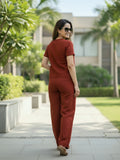 Women's Two Piece Set, Maroon, V-Neck Top with Wide Leg Trousers, Short Sleeve