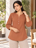 Women’s Rayon Solid Regular Fit Top with Round Neck, Button Detailing & 3/4 Sleeves