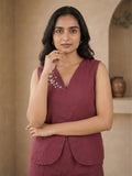 Women’s Linen Co-Ord Set with Embroidered V-Neck Top & Wide-Leg Pants – Maroon