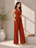 Women’s Rust Maroon Cotton Linen Co-Ord Set with Embroidered Sleeveless V-Neck Top and Wide-Leg Trousers