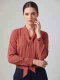 Women's Elegant Tie-Neck Long Sleeve Crepe Blouse – Dusty Rose