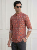 Vida Loca 100% Cotton  Rust Color Full Sleeve Chinese collar Cotton Printed Kurta For men and Boys.
